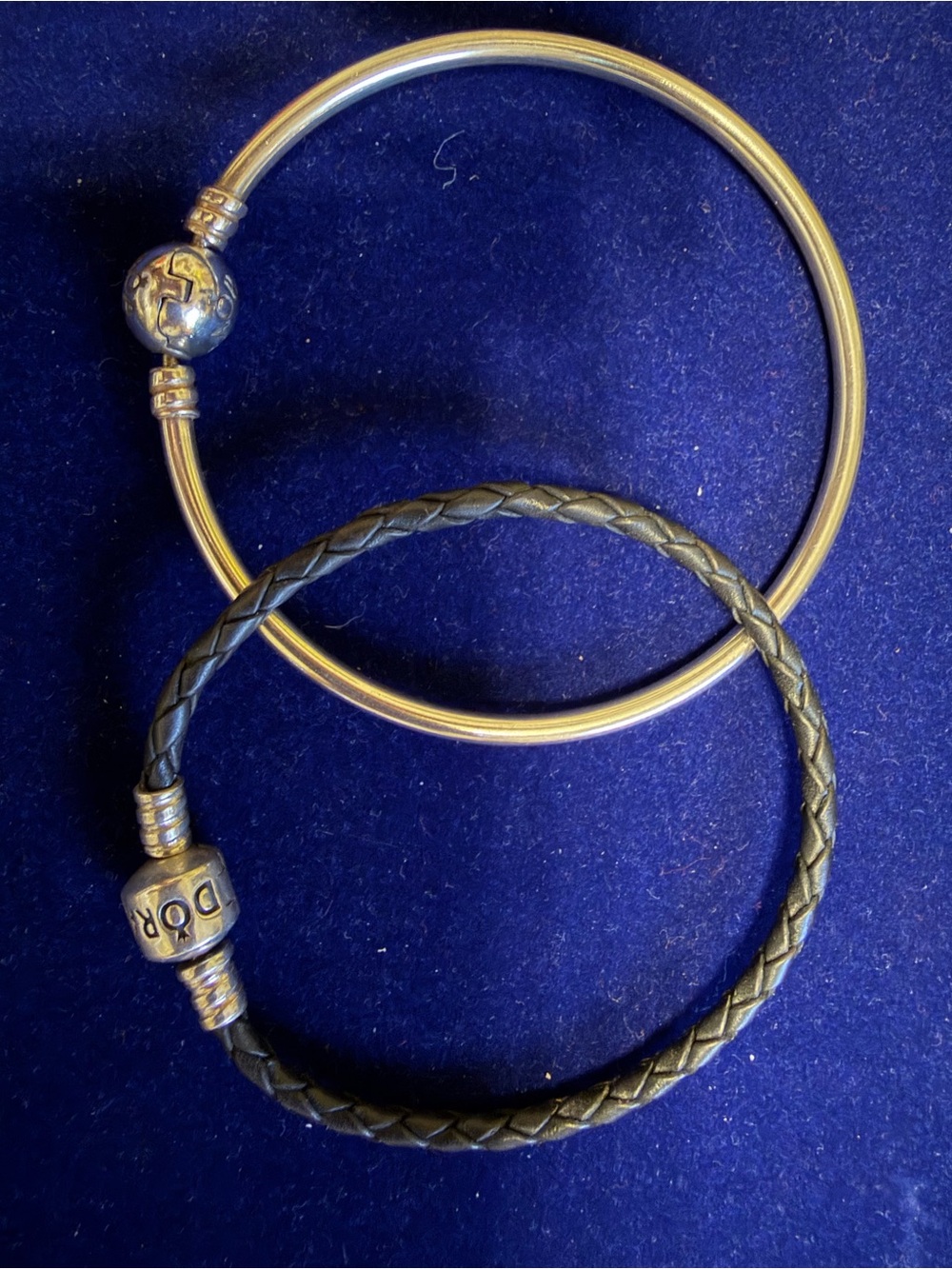 Pandora Silver Bangle and Black Braided Leather Bracelet Set 7.5” - Picture 3 of 6
